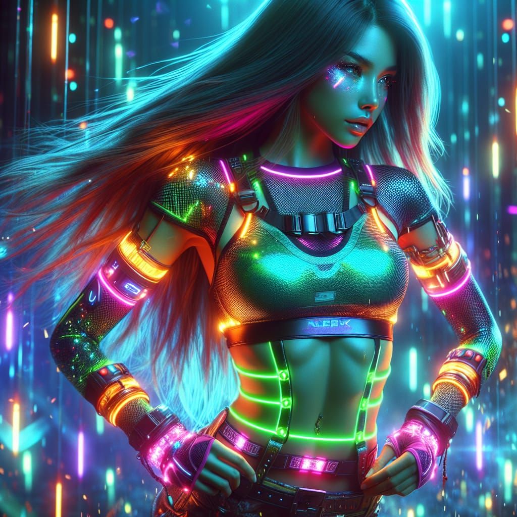 Neon Cyberpunk Girl in Sparkling Cityscape