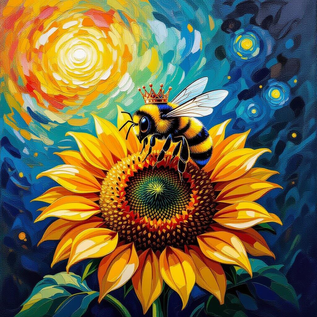 Regal Queen Bee on Sunflower in Van Gogh Style