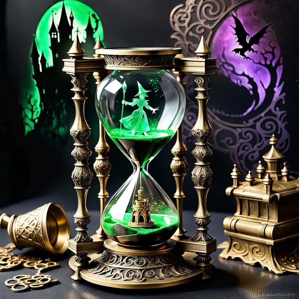 Ornate Wizard of Oz Hourglass, Watercolor Masterpiece