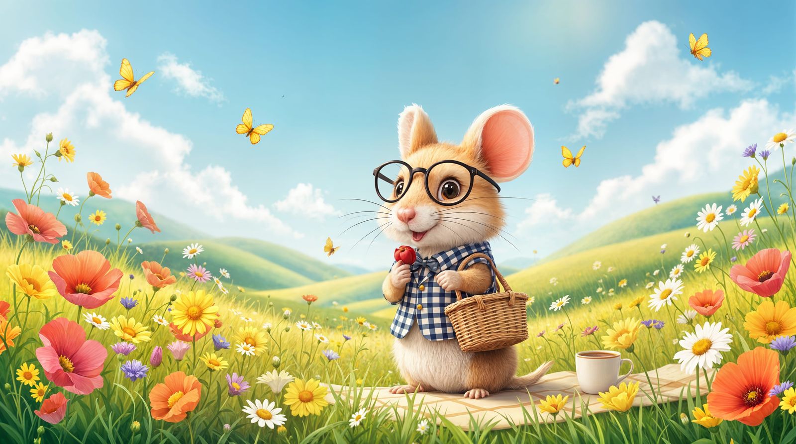 Whimsical Mouse Enjoying a Sunny Picnic in a Vibrant Meadow