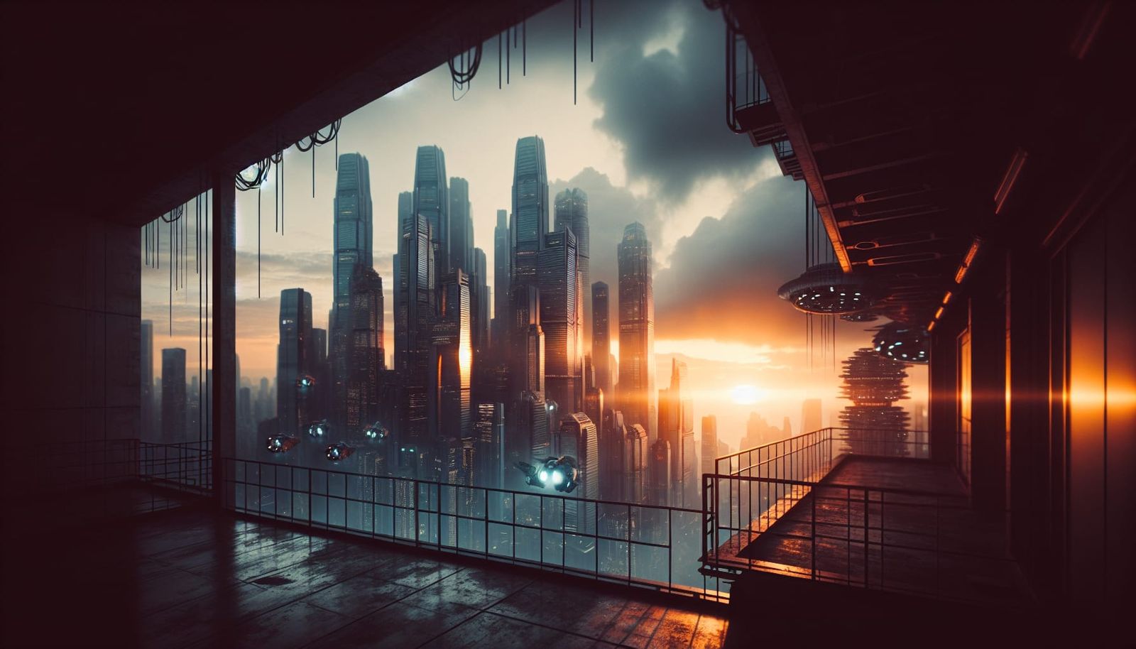 Dystopic City skyline view from a balcony of a high-rise bui...