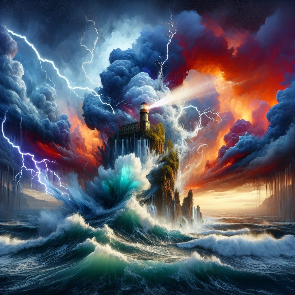 A fierce tsunami wall of sea water swallows the La Jument lighthouse in a wicked lightning, detailed matte painting, dee...
