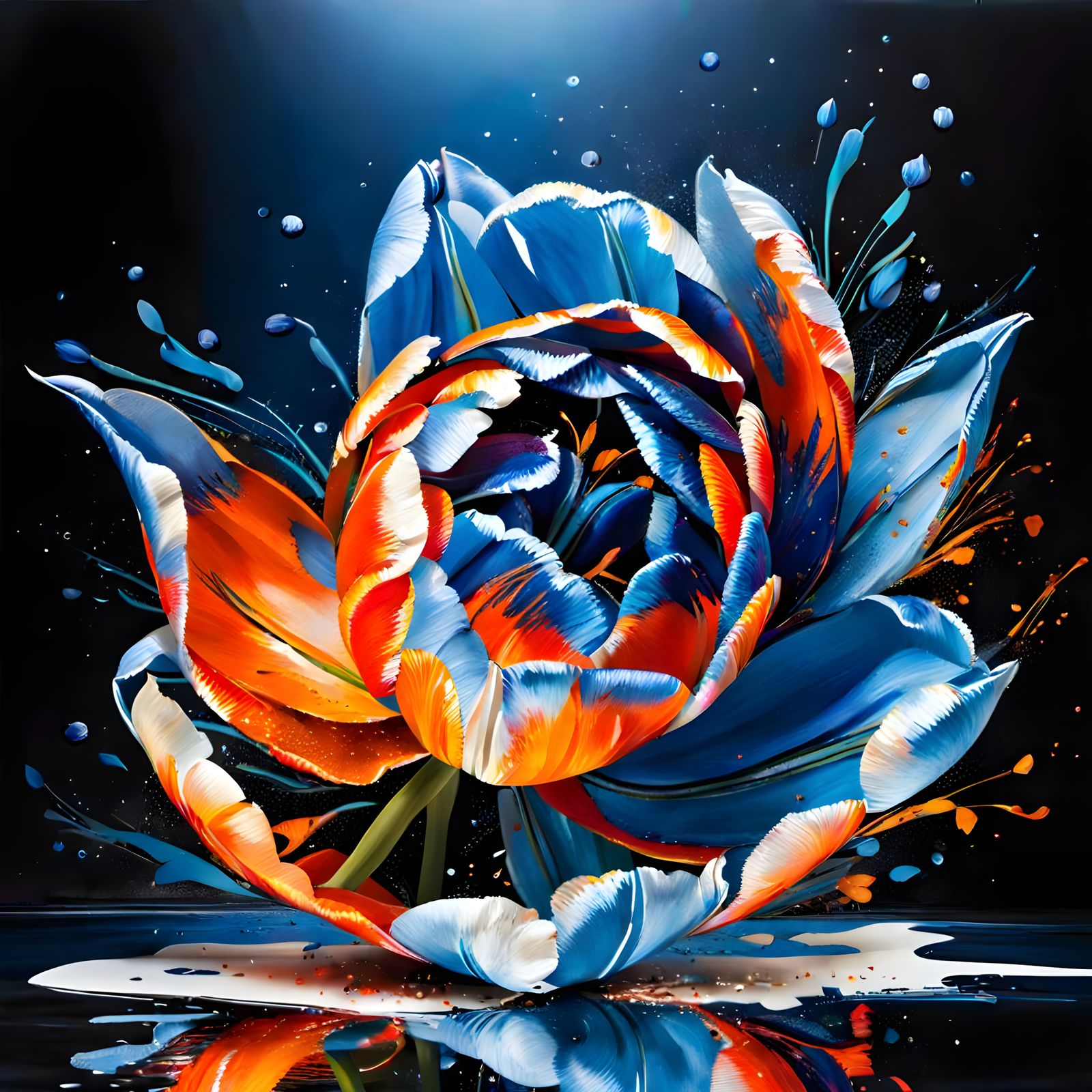 Blue and Orange Tulips in Mixed Media Style