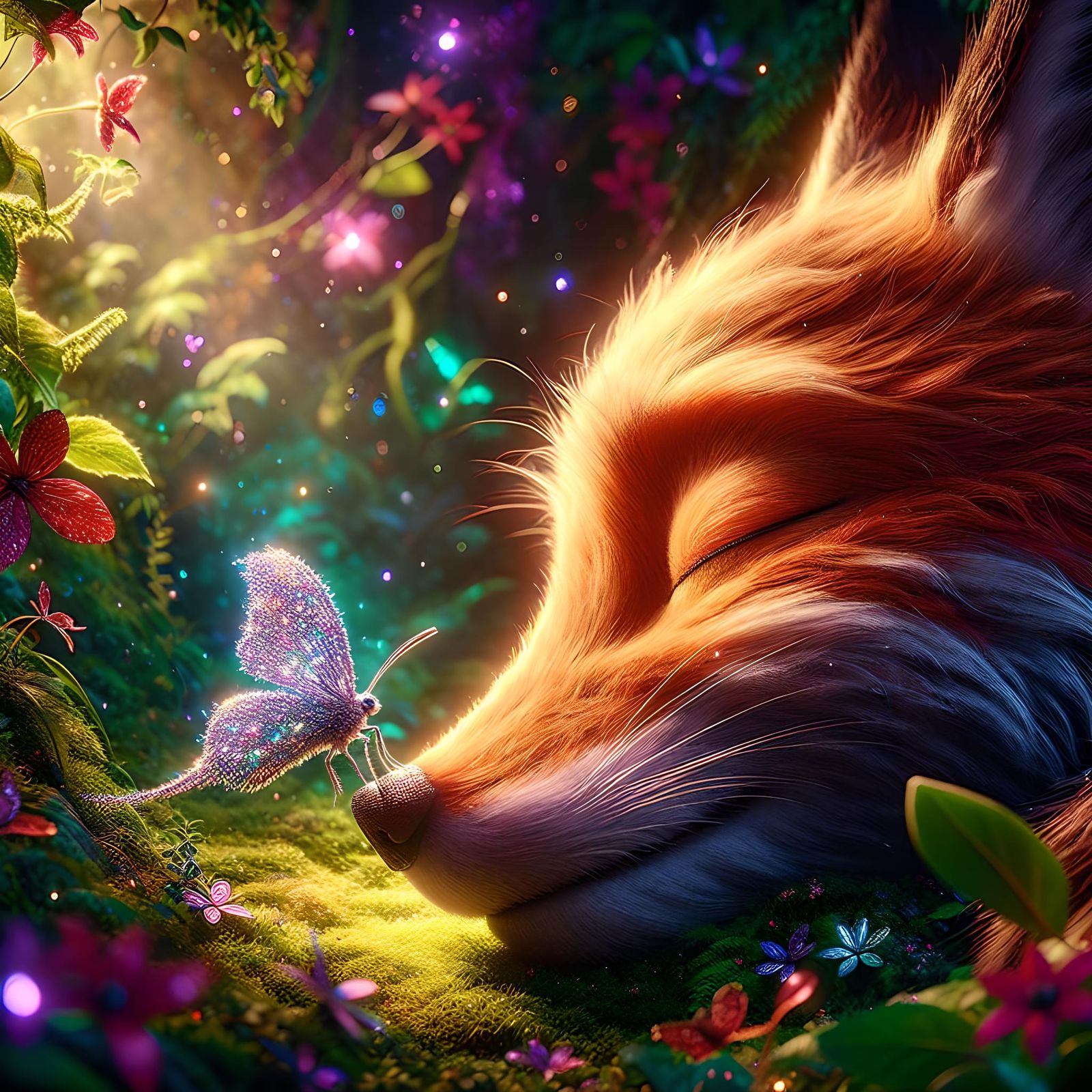 Gentle touch of a butterfly perched on the nose of a sleeping fox in the heart of a magical garden