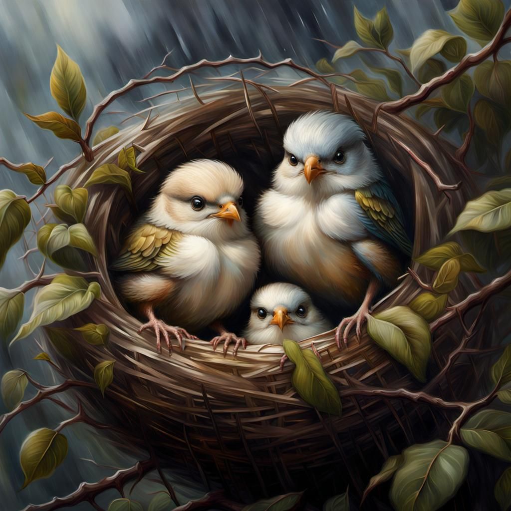 Birds Huddling in Nest: Detailed Matte Painting