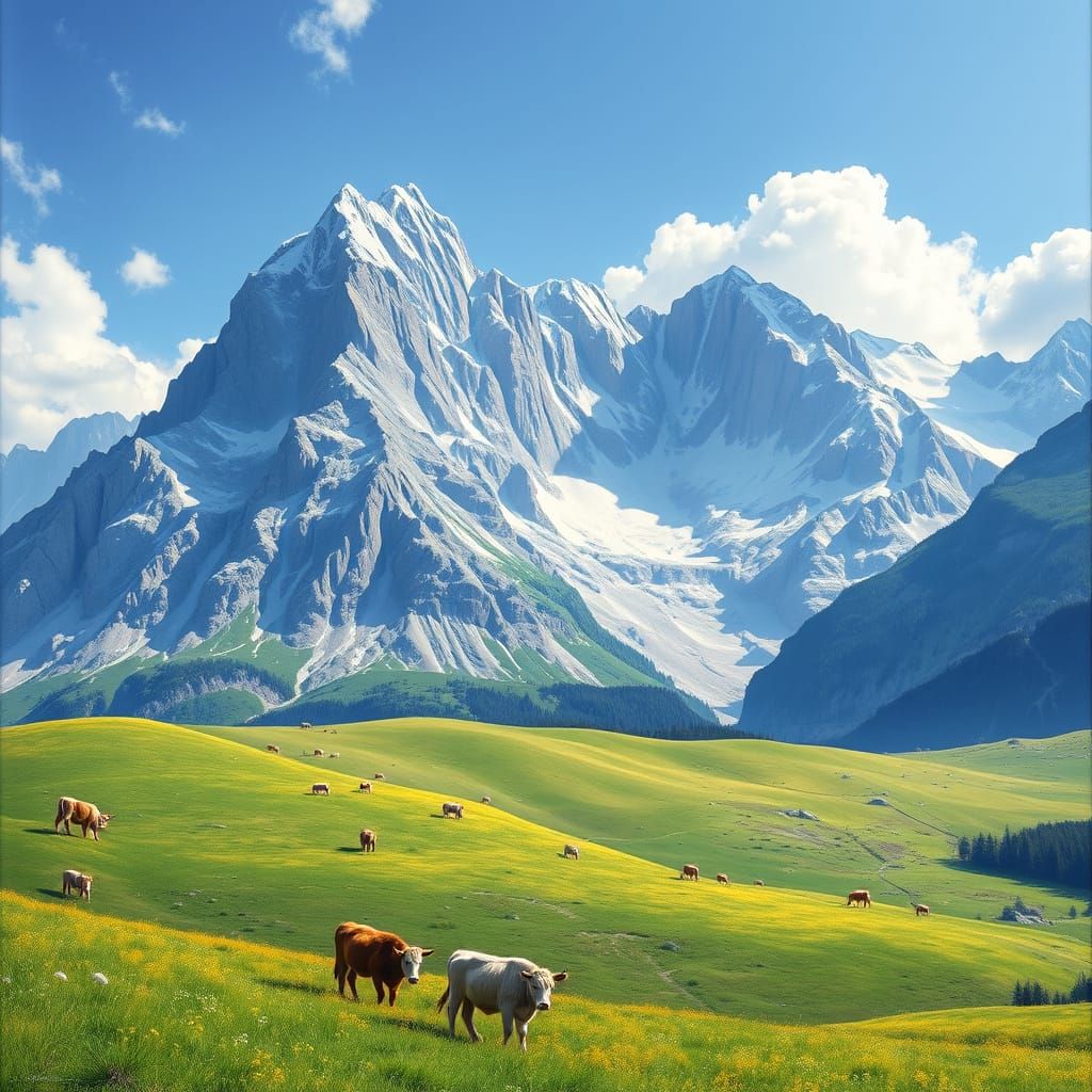 Spectacular Swiss Alps Matte Painting with Grazing Cows