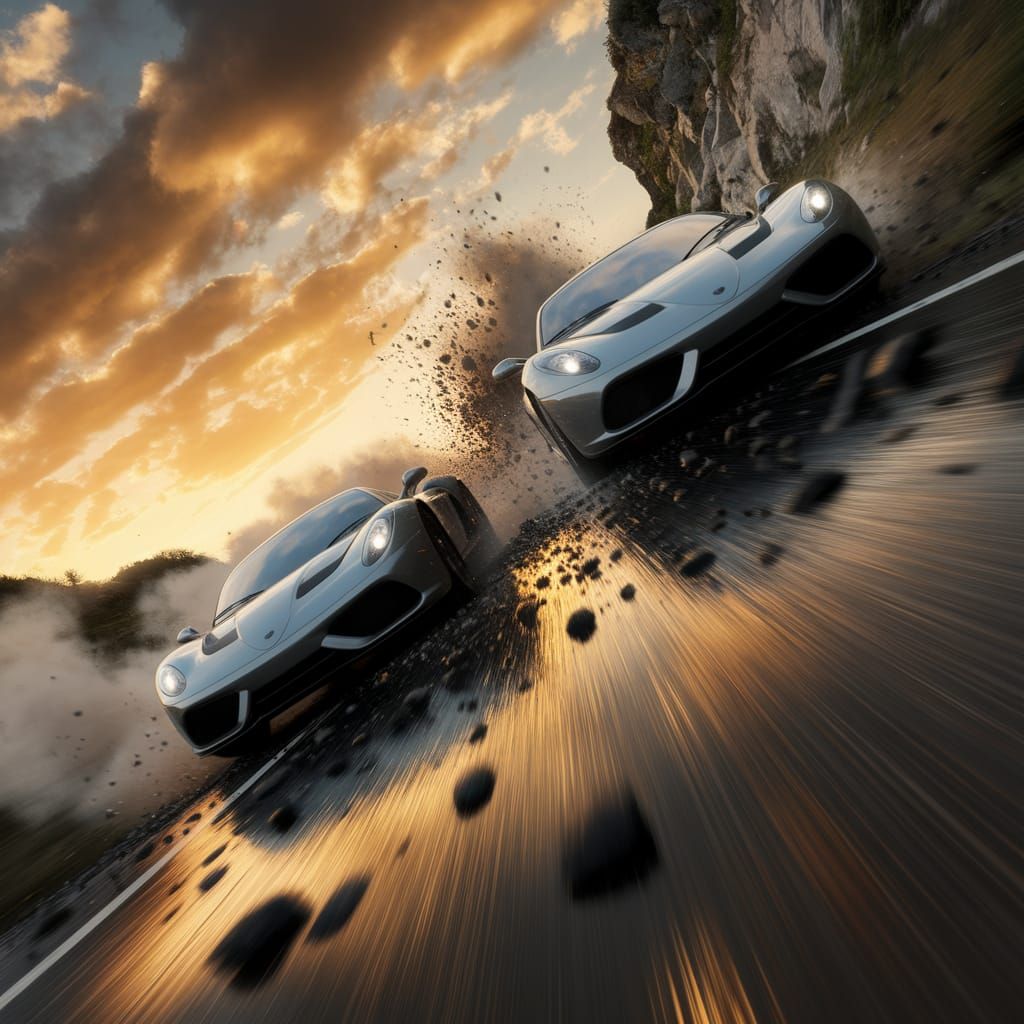 Sports Cars Race Cliffside at Sunset