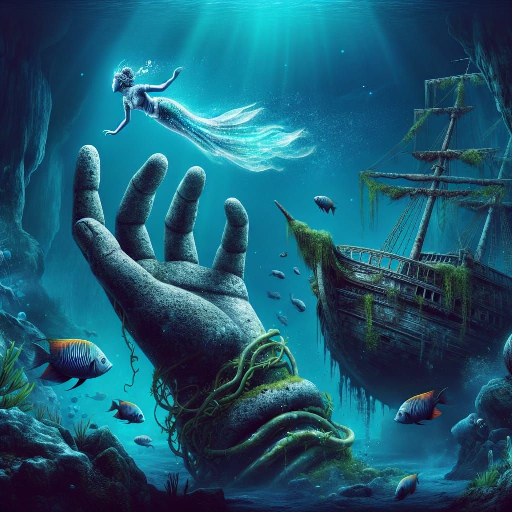 Asian Mermaid Ascends From Abyss Near Ancient Sculpture Hand...