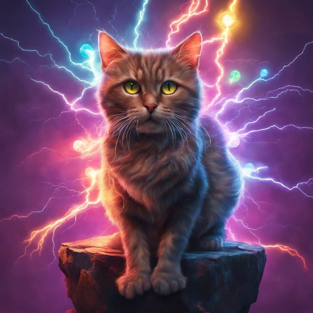 Hyperrealistic Cat Unleashes Lightning in Neon Colors