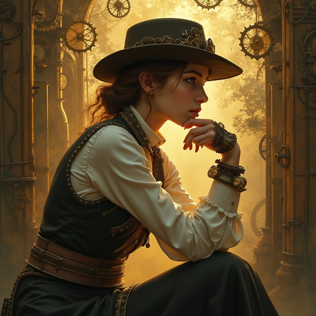 Steampunk Woman Contemplates Cosmos in Alphonse Mucha Style