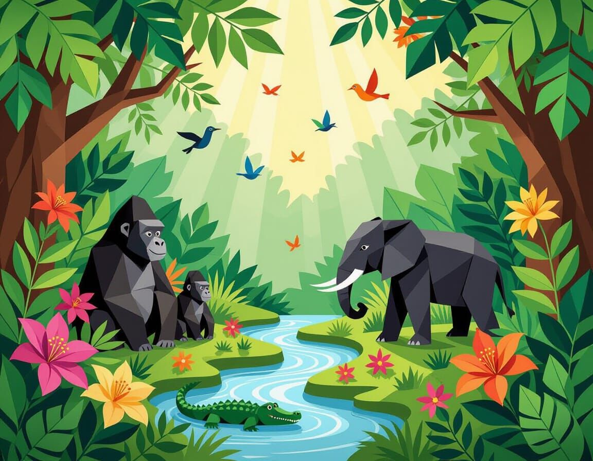 Intricate African Origami Jungle with Paper Wildlife