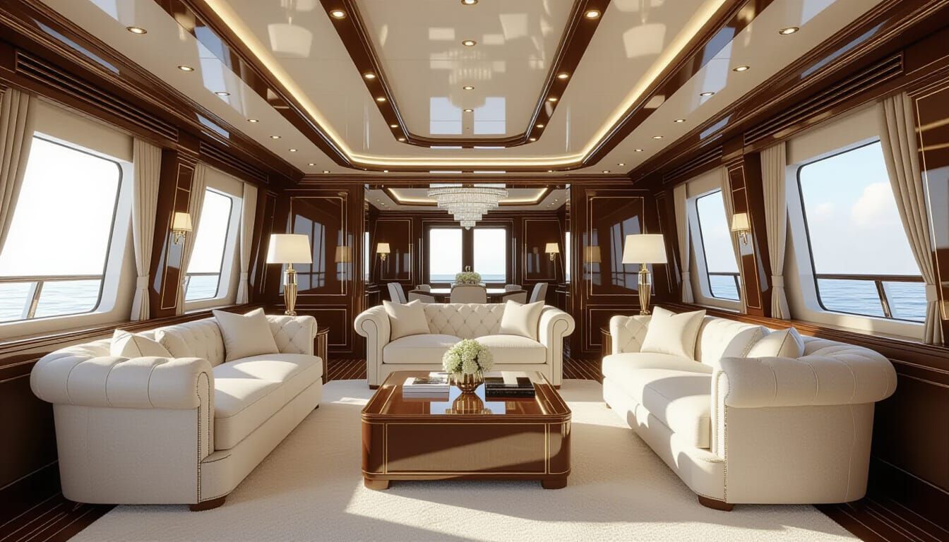 Luxurious Yacht Interior with Pearl Sofa and Arco Lamp