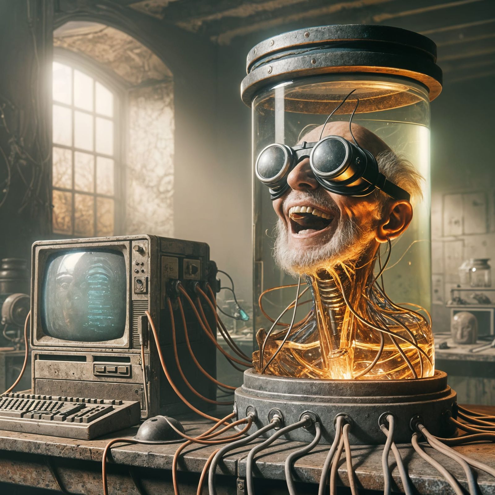 Head in Jar Laughing with VR: Hyperrealistic Concept Art