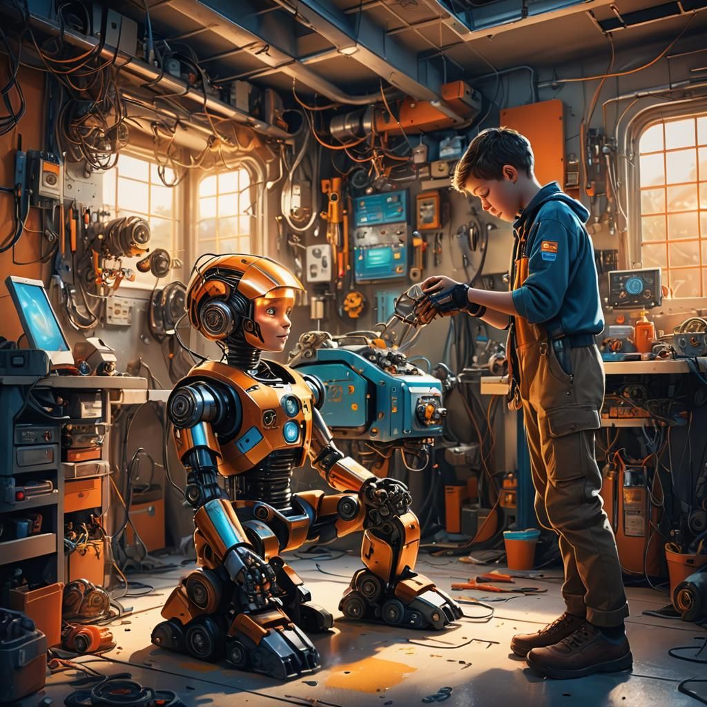 Child Repairs Robot Pilot in Futuristic Garage