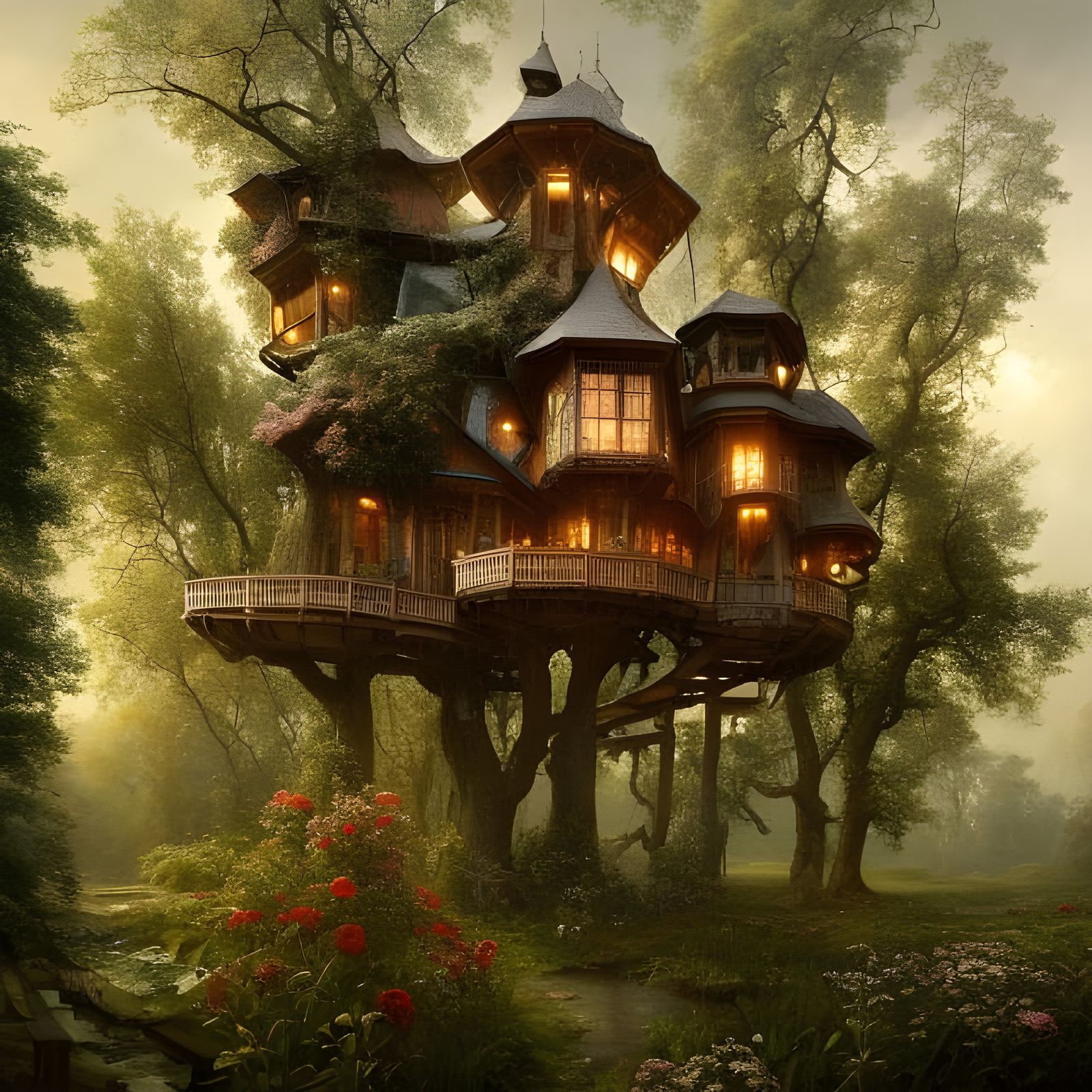 Lush Russian Garden Treehouse in Hyperrealistic Style