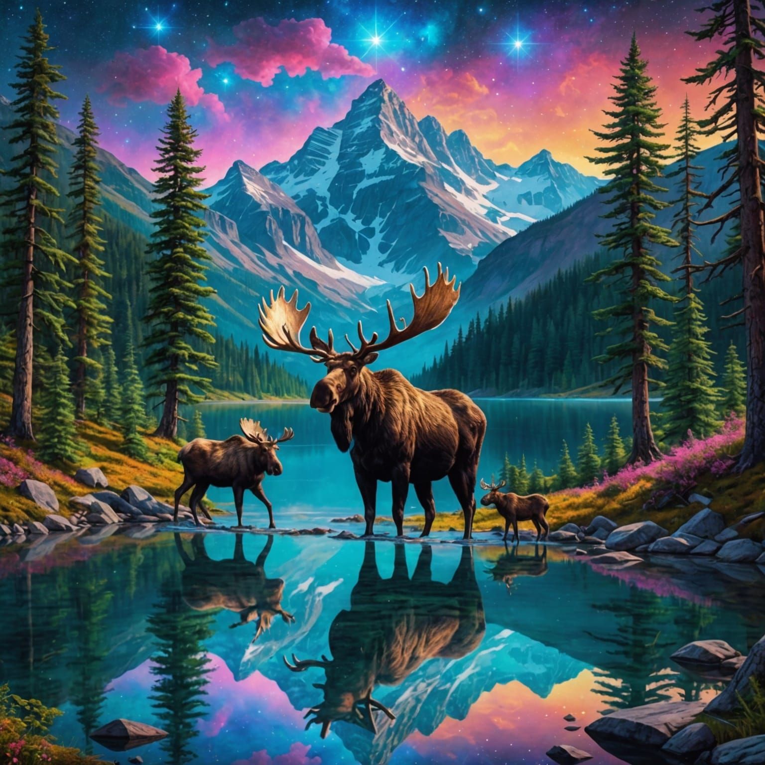 Moose Family at Mountain Lake: Cosmic Illustration