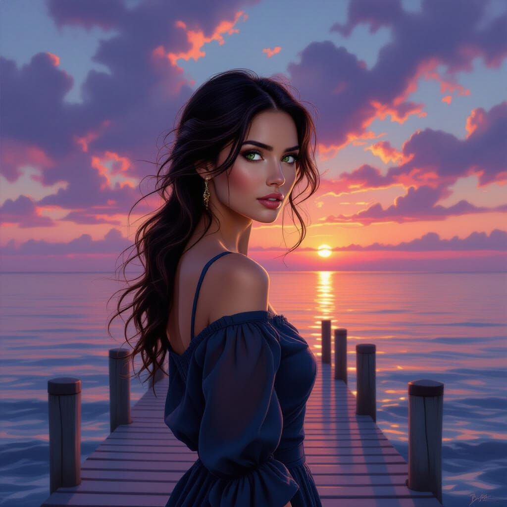 Sunset Pier Portrait in Atmospheric Oil Painting Style