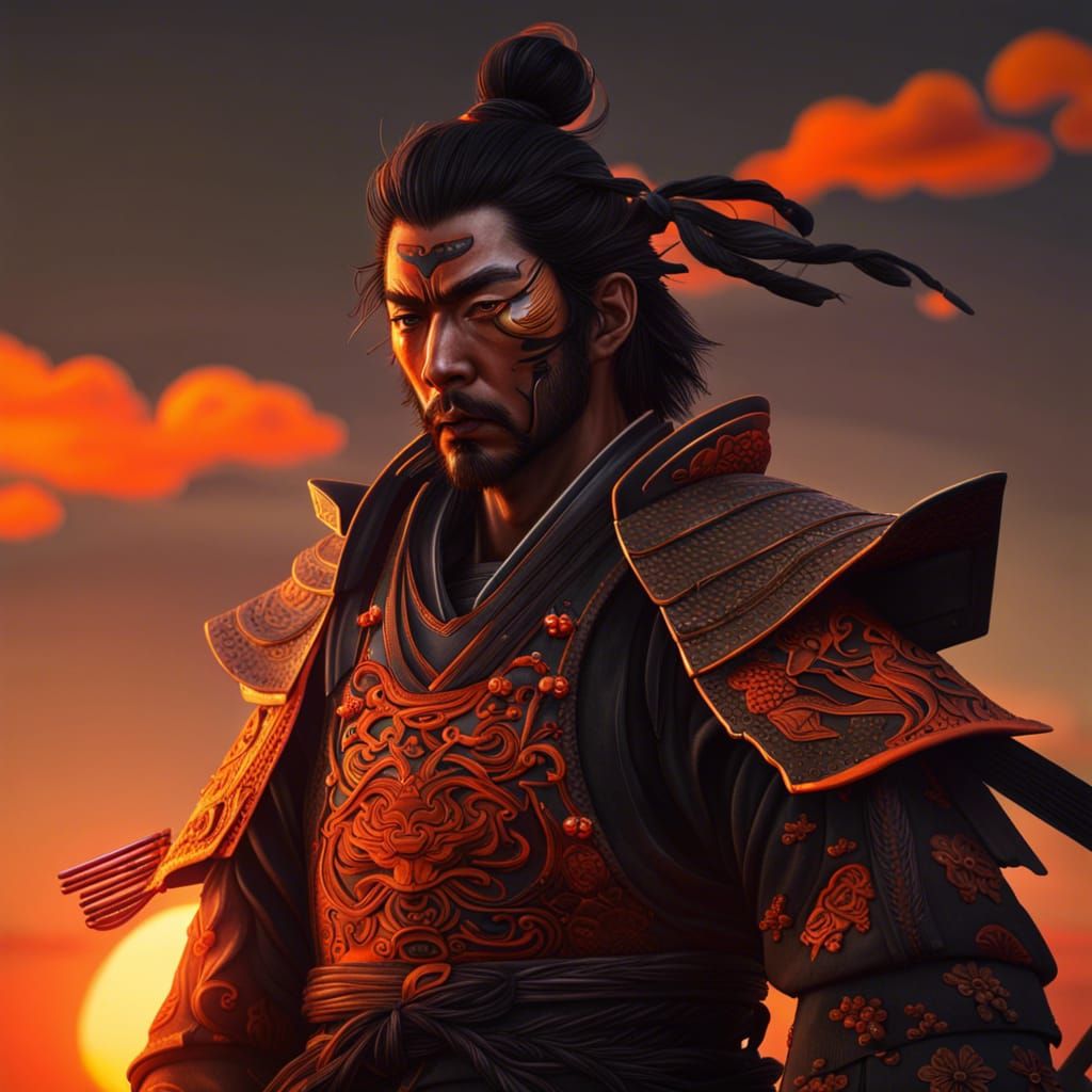 Handsome Samurai at Sunset: Hyperrealistic Fantasy Art