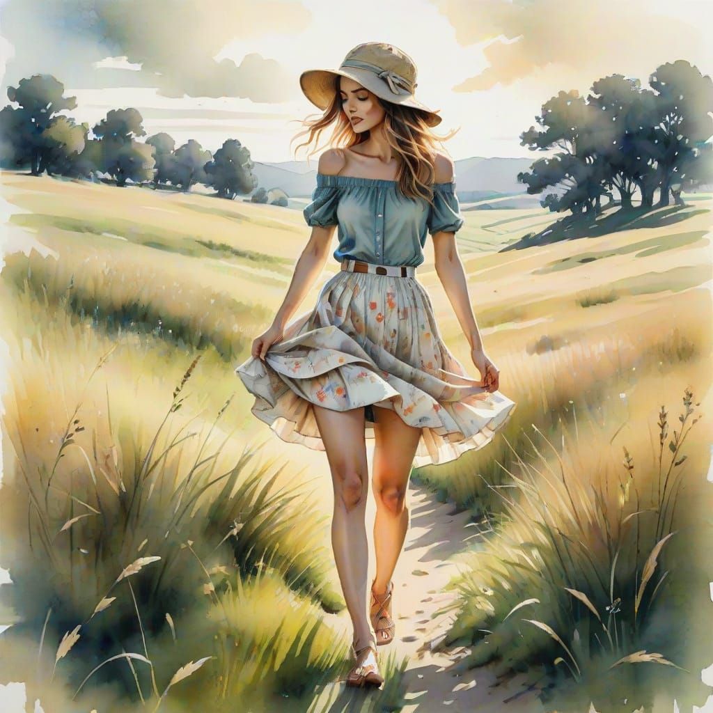 Girl Walking in Field, Watercolor and Ink Illustration