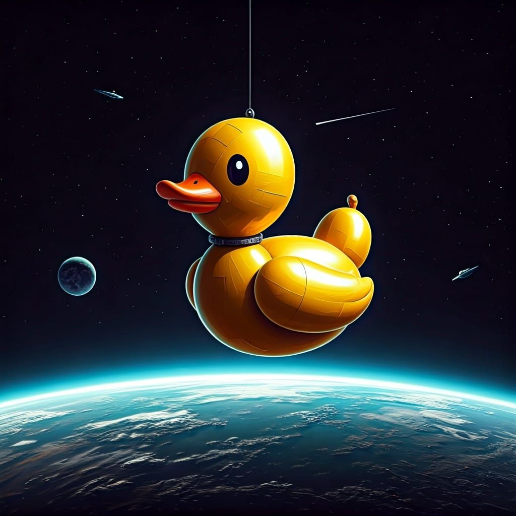 Duct Tape Duck Balloon Floats in Space