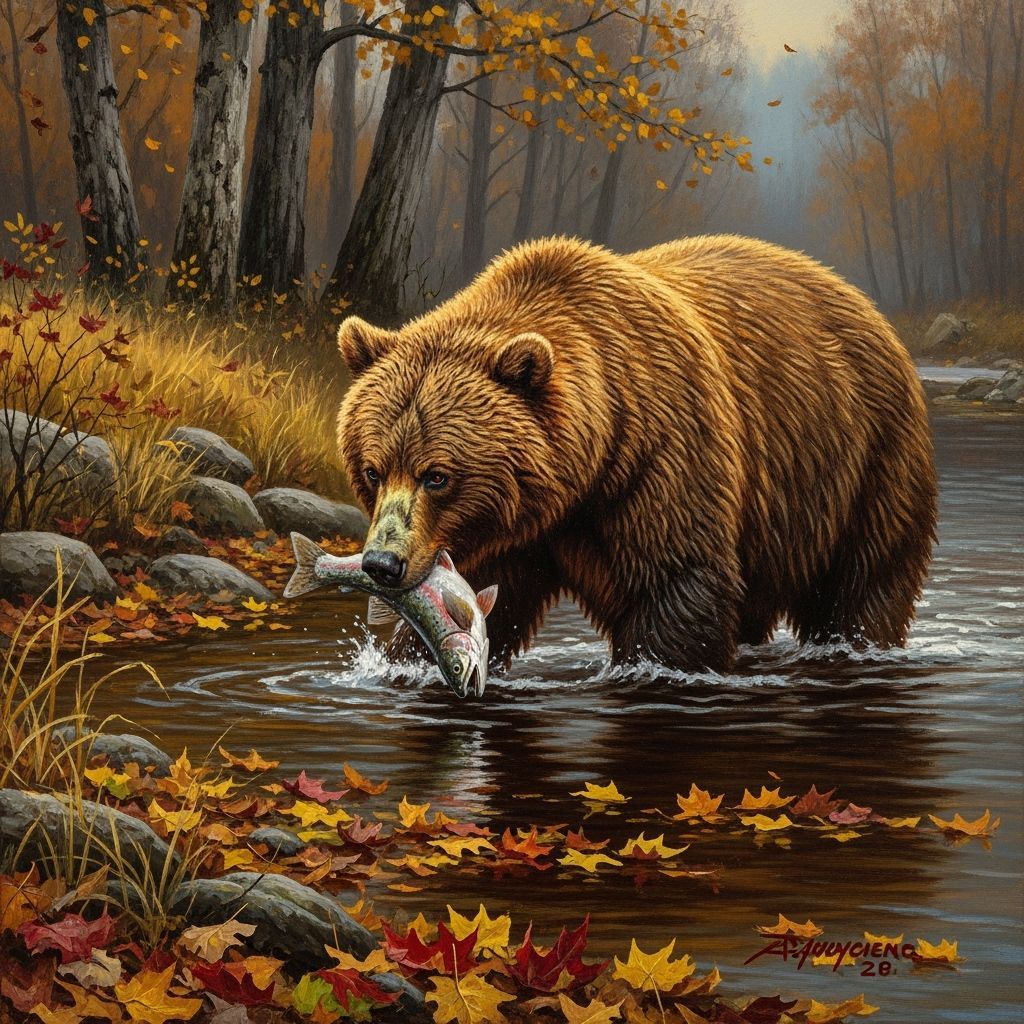 Majestic Bear Catches Trout in Autumn Stream Oil Painting