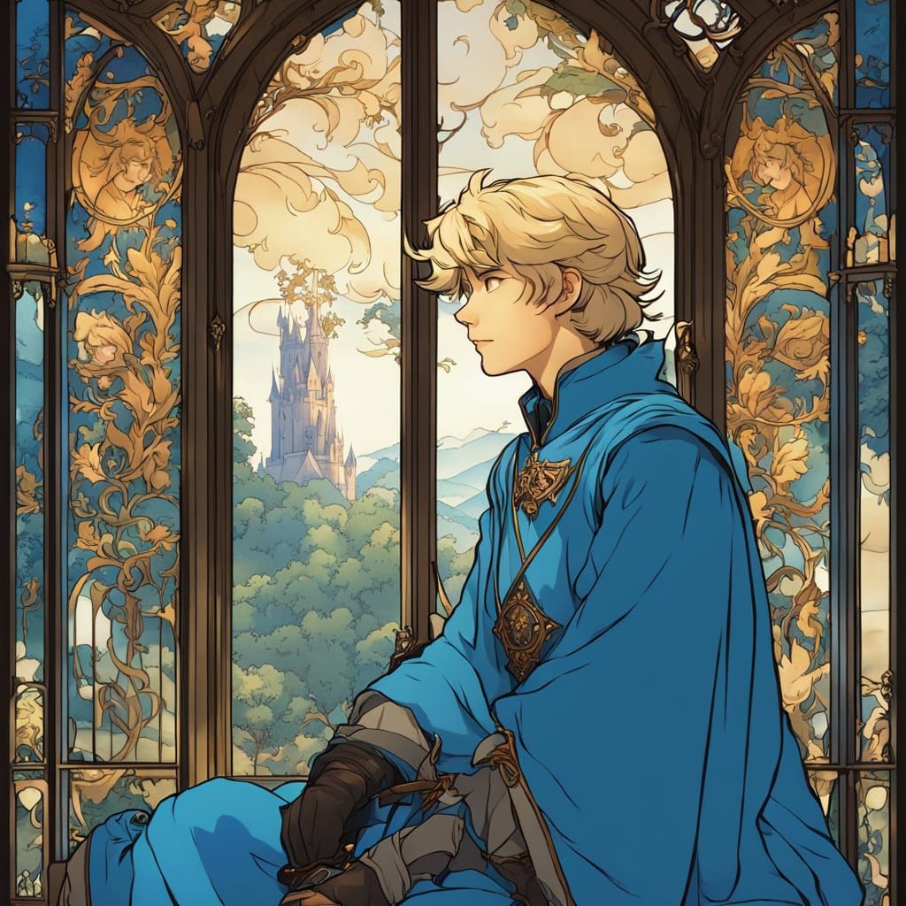 Medieval Boy in Blue by Window at Dawn