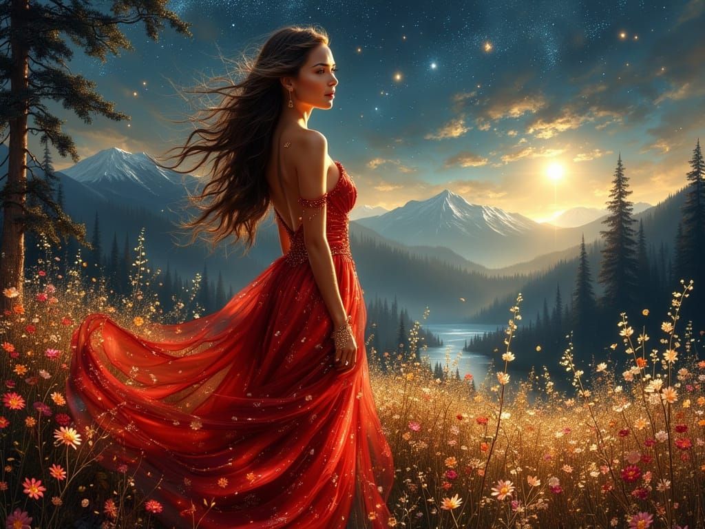 Latina Woman in Red Gown Under Starlit Sky