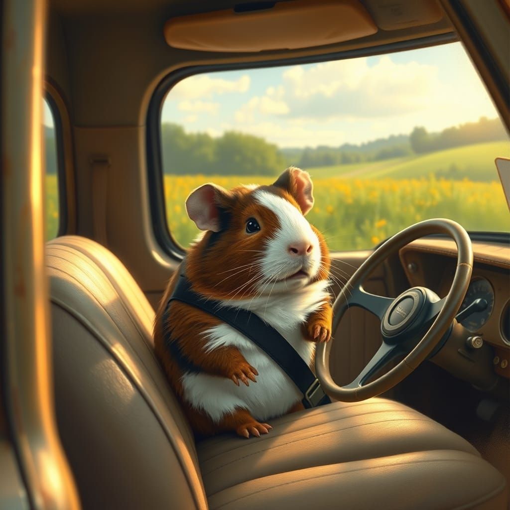 Guinea Pig Driver in Vintage Truck Landscape