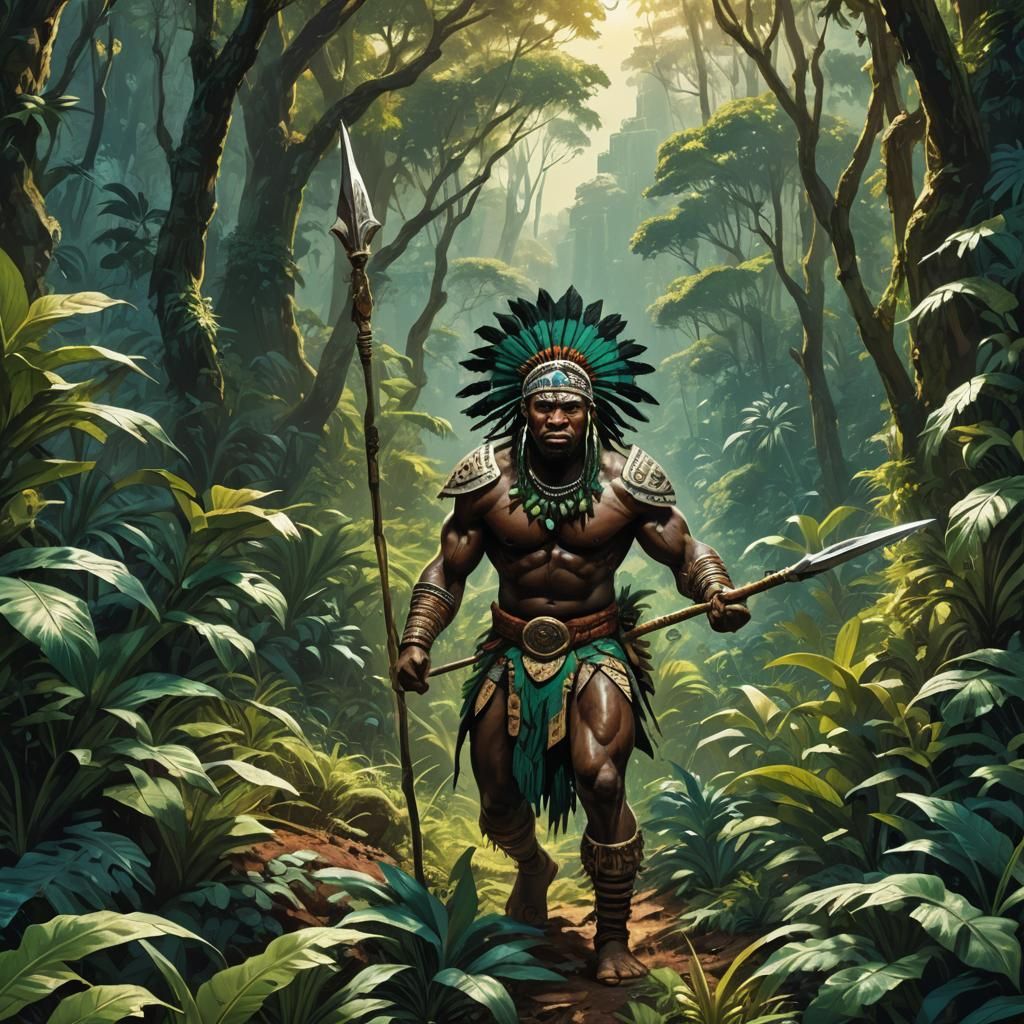 Zulu Warrior Hunting in Lush African Landscape