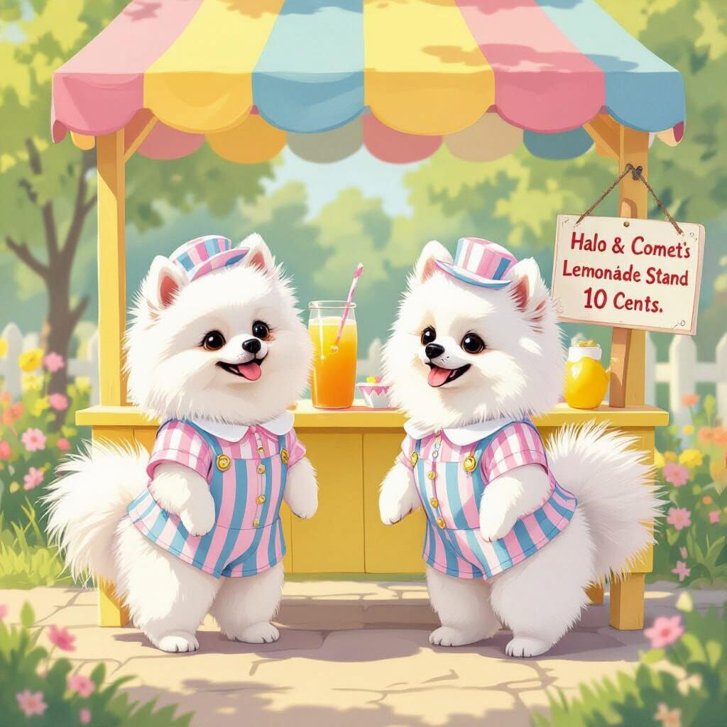 Pomeranians Run Rainbow Lemonade Stand in Storybook Style