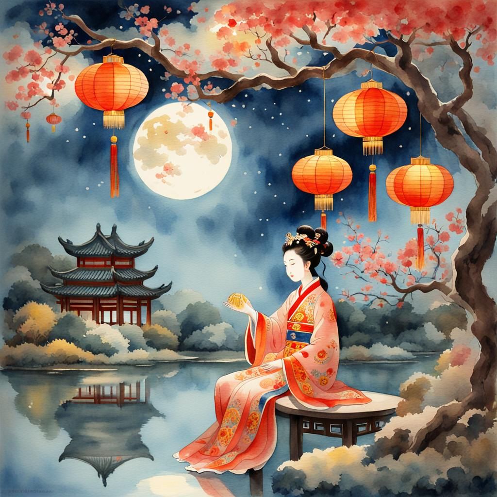 Chang'e and Lantern Under Full Moon, Watercolor Painting