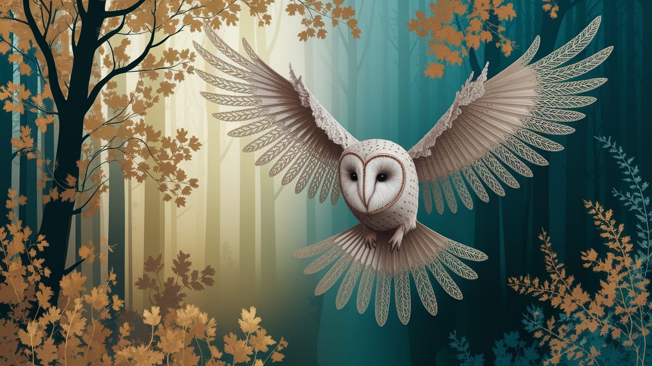 Lace Barn Owl Flying in Gold and Jade Forest