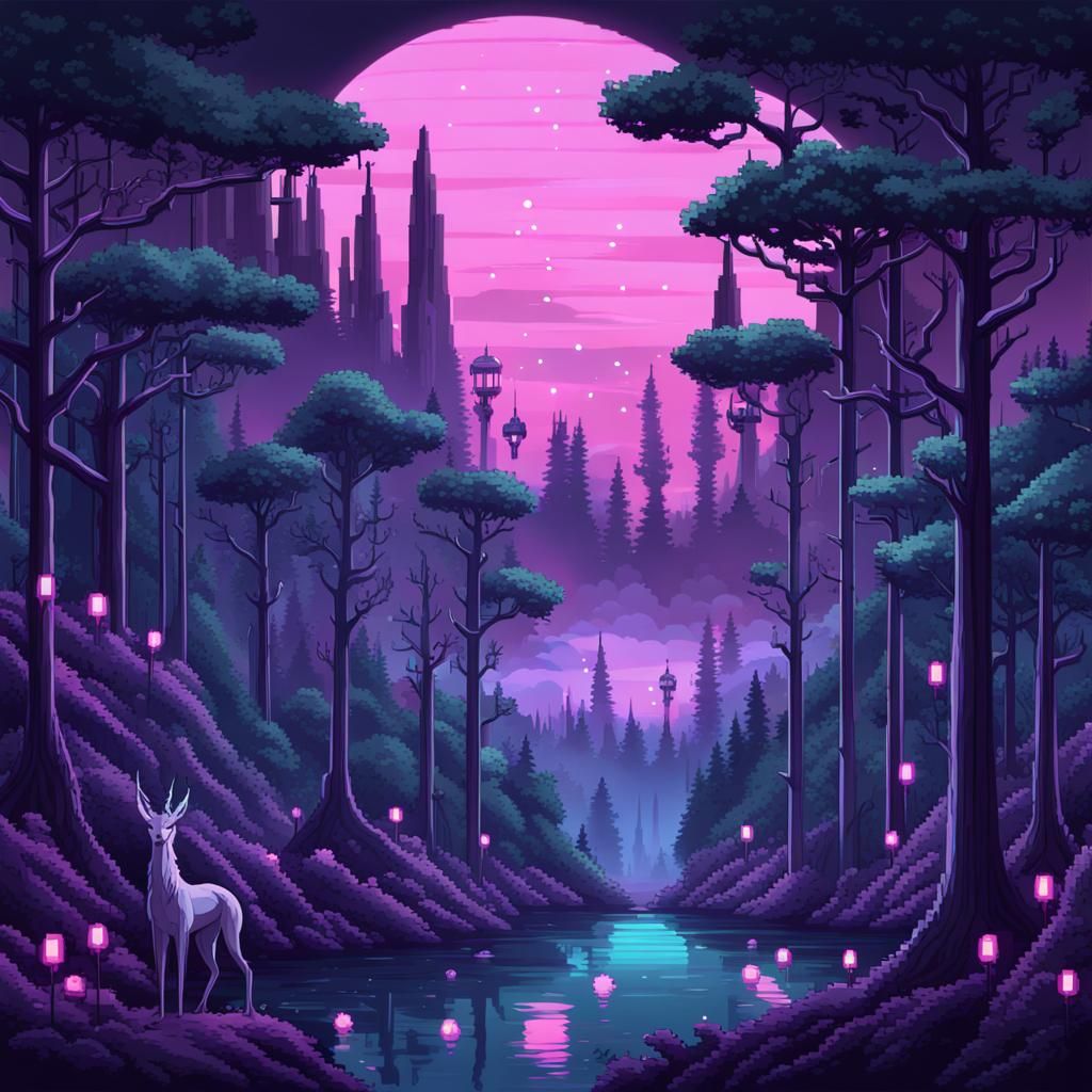 Pixel Art: Magical Cyber Forest Nightscape