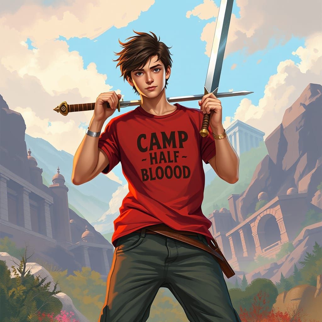 Heroic Percy Jackson in Mythological Greek Landscape