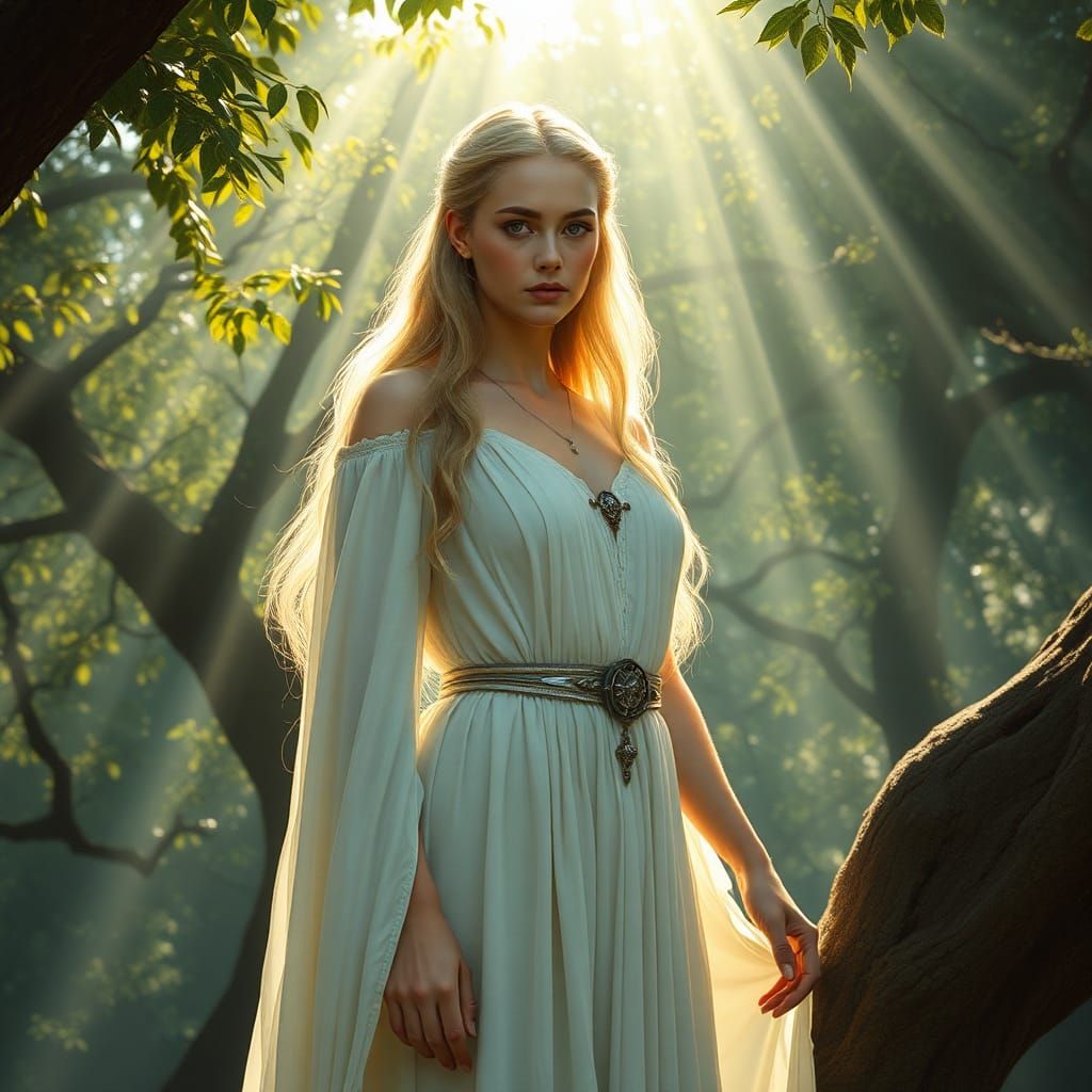 Ethereal Galadriel in Lothlórien, Pre-Raphaelite Style