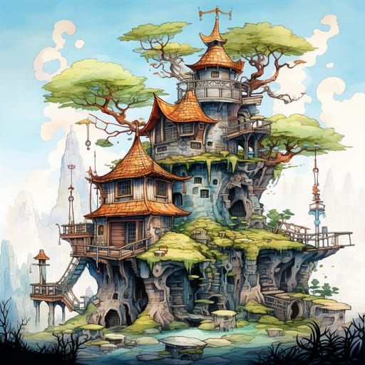 Colorful Fairy House on Hill in Anime Style