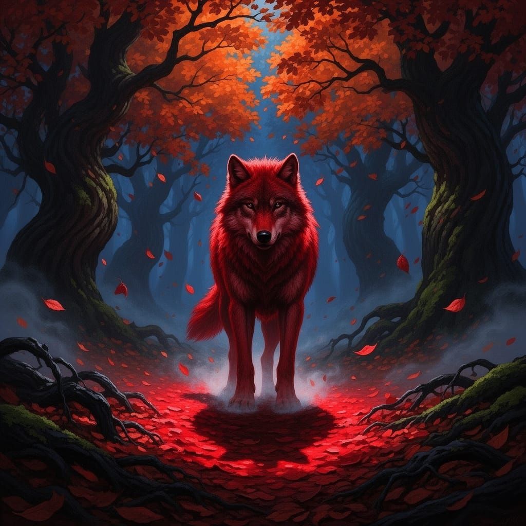 Red Wolf in Mystical Autumn Forest