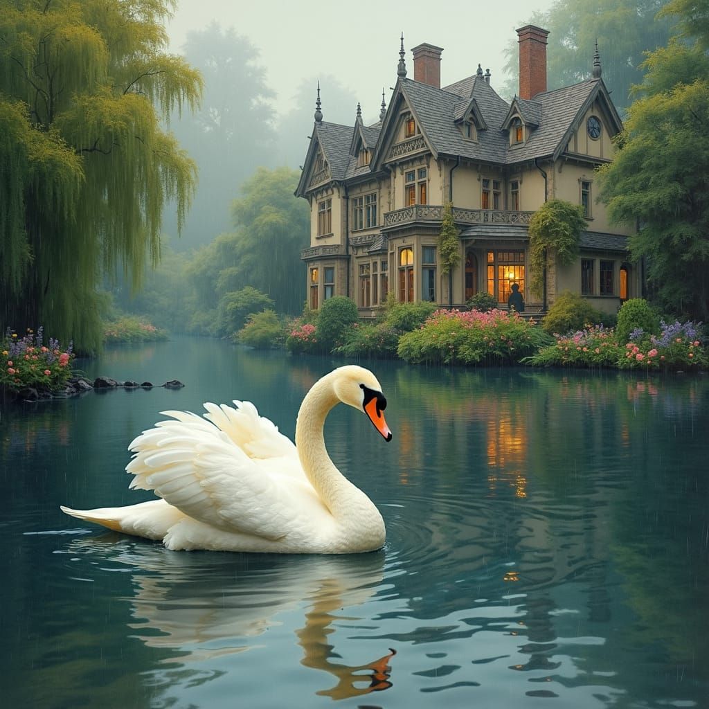 Gingham Swan and Victorian House in Folk Art Nouveau