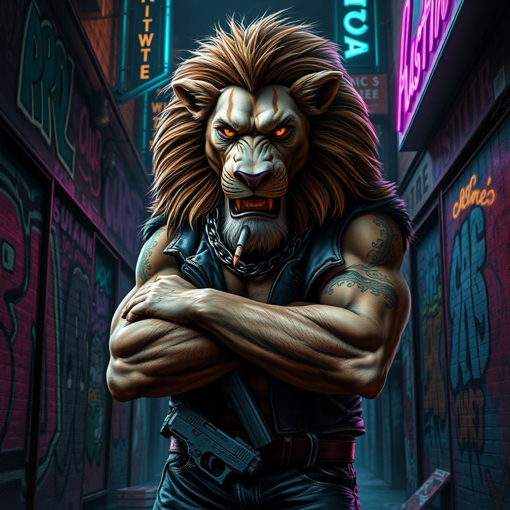 Lion Gangster in Urban Alleyway, Dark Fantasy Art