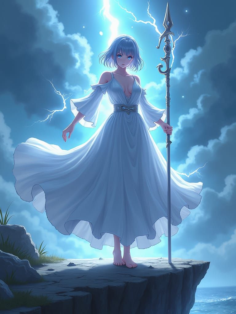 Anime Storm Sorceress on Windswept Cliff