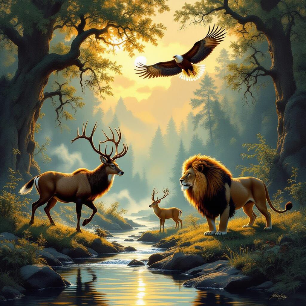 Majestic Forest Scene With Heroic Animals in Fantasy Art Sty...
