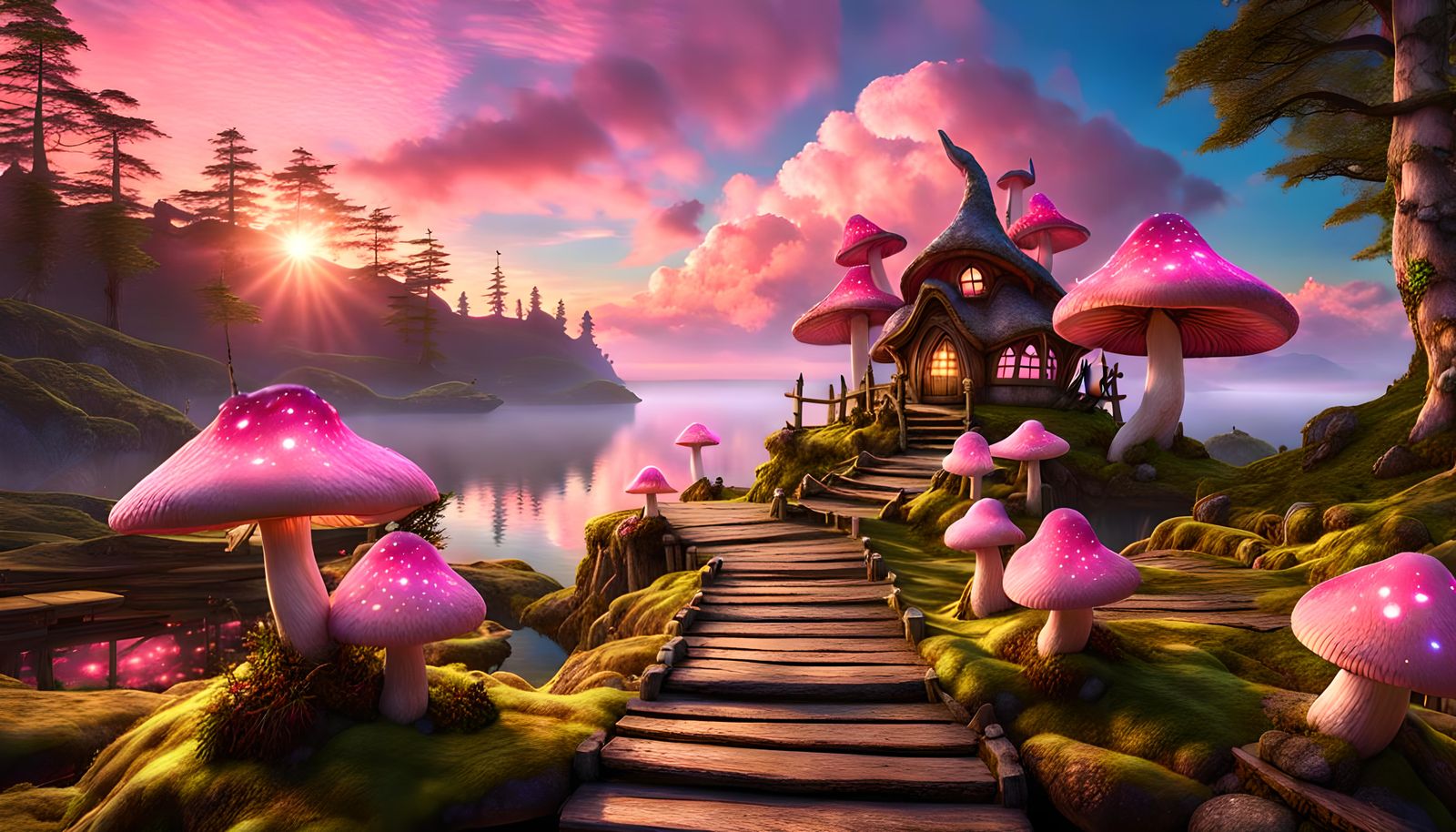 Mushroom Fairy Village at Sunrise in Enchanted Forest