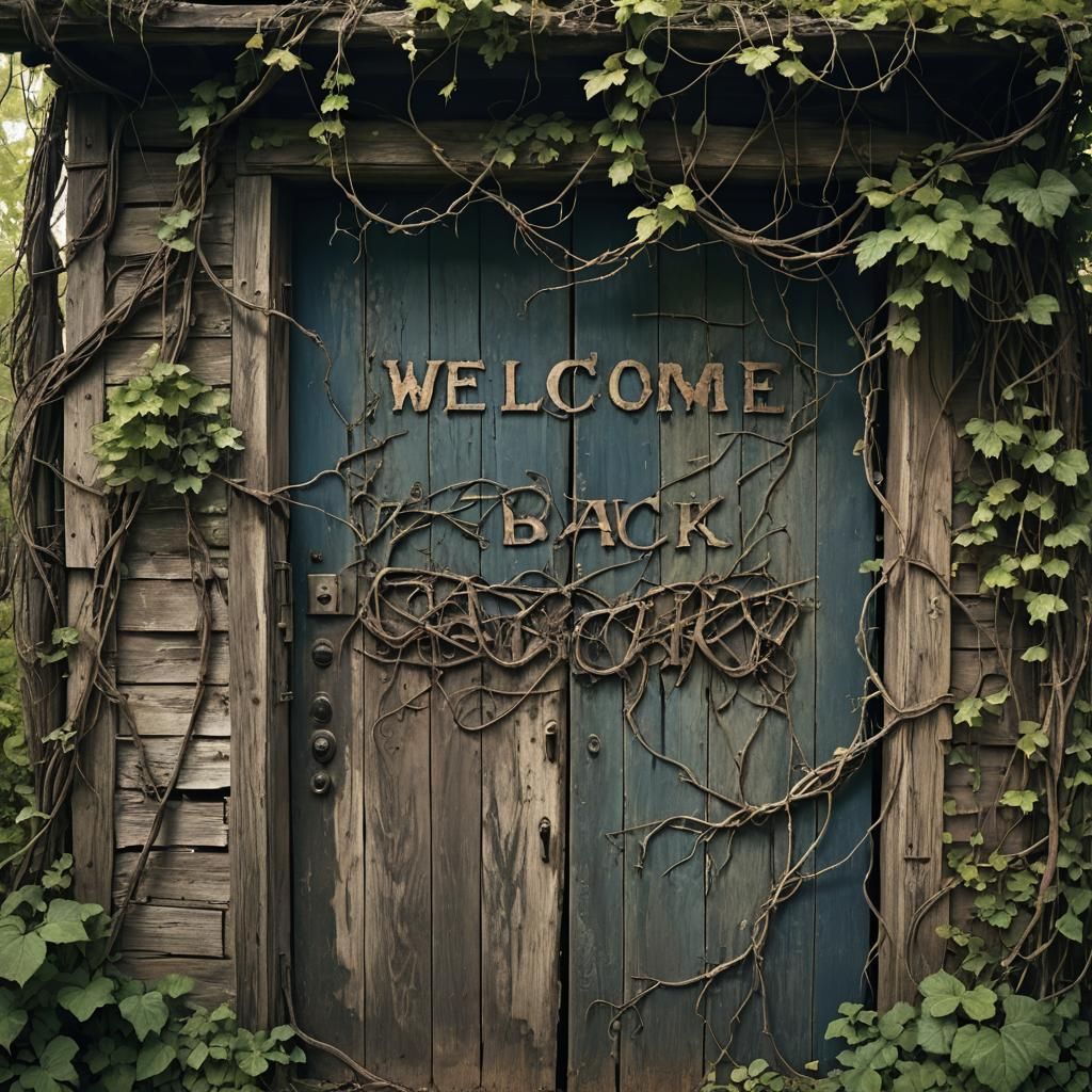 Eerie Welcome Sign on Dilapidated Shack Door