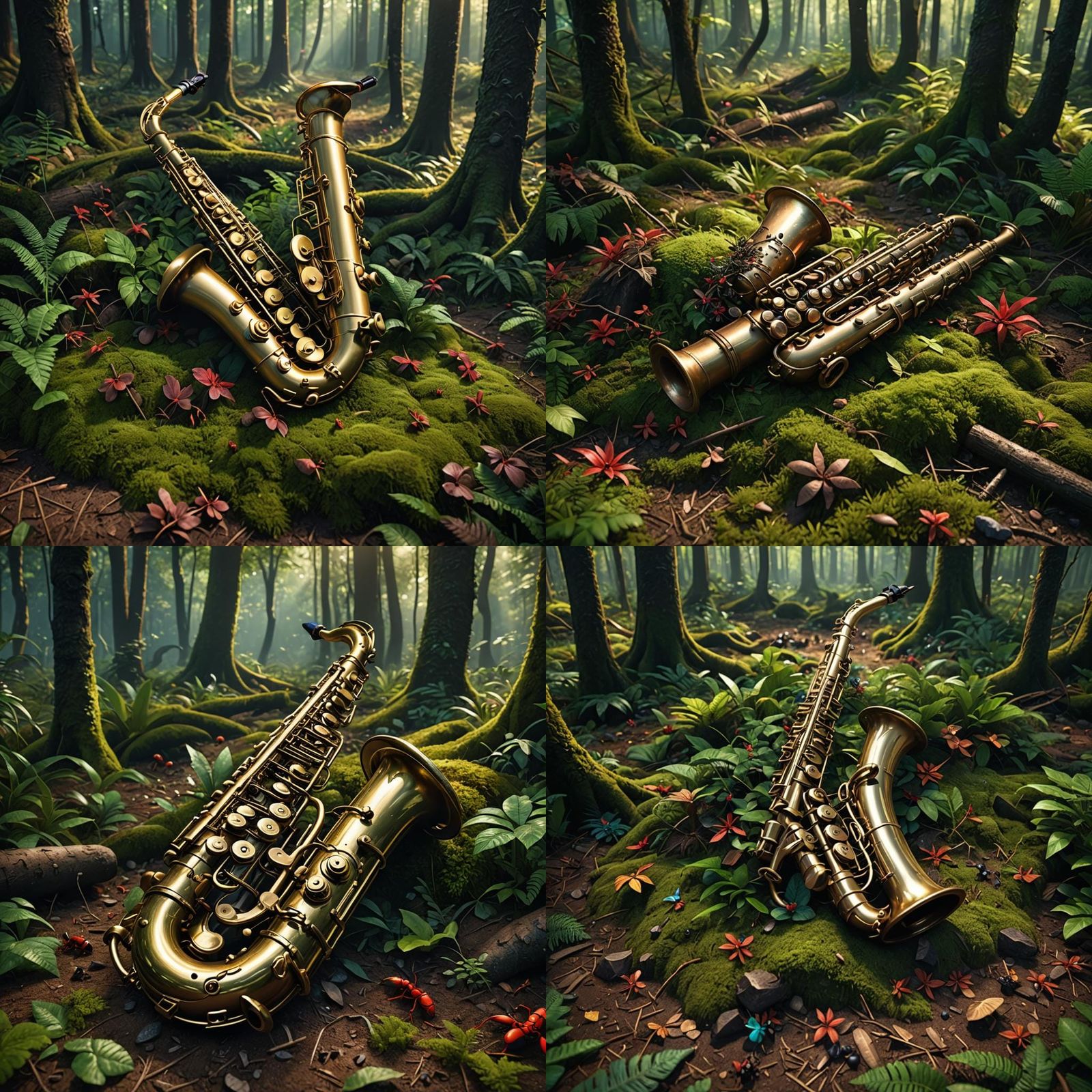 Animated Saxophone in Forest with Ants