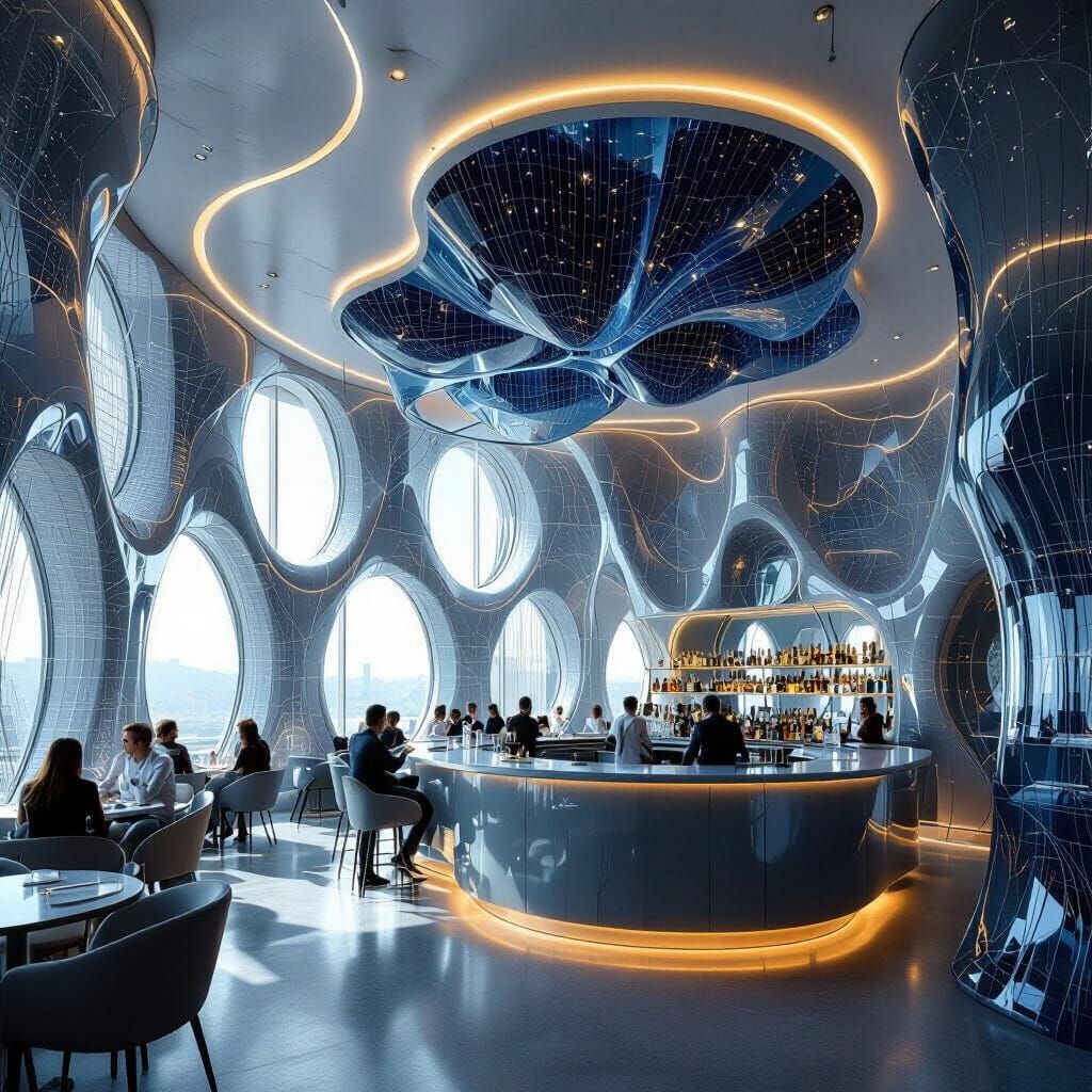Futuristic Restaurant with Blue Plastic String Walls