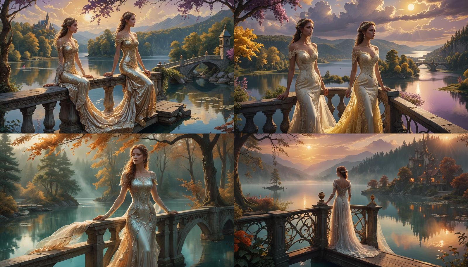 Ethereal Bride Surveys Serene Lake Landscape in Vivid Fantas...