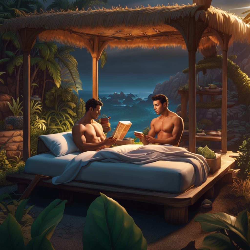 Two Handsome Men Reading on a Beach at Sunset