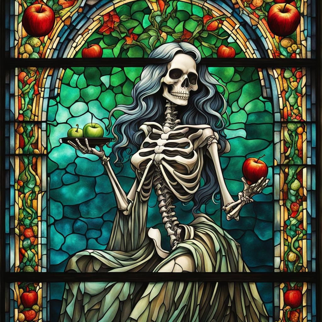 Skeleton & Apple Stained Glass Window