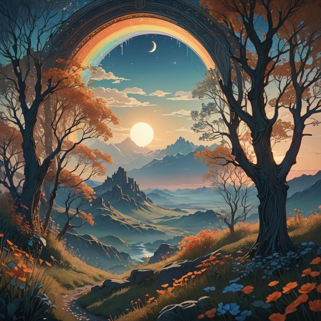 Mystical Art Nouveau Rainbow Landscape at Night