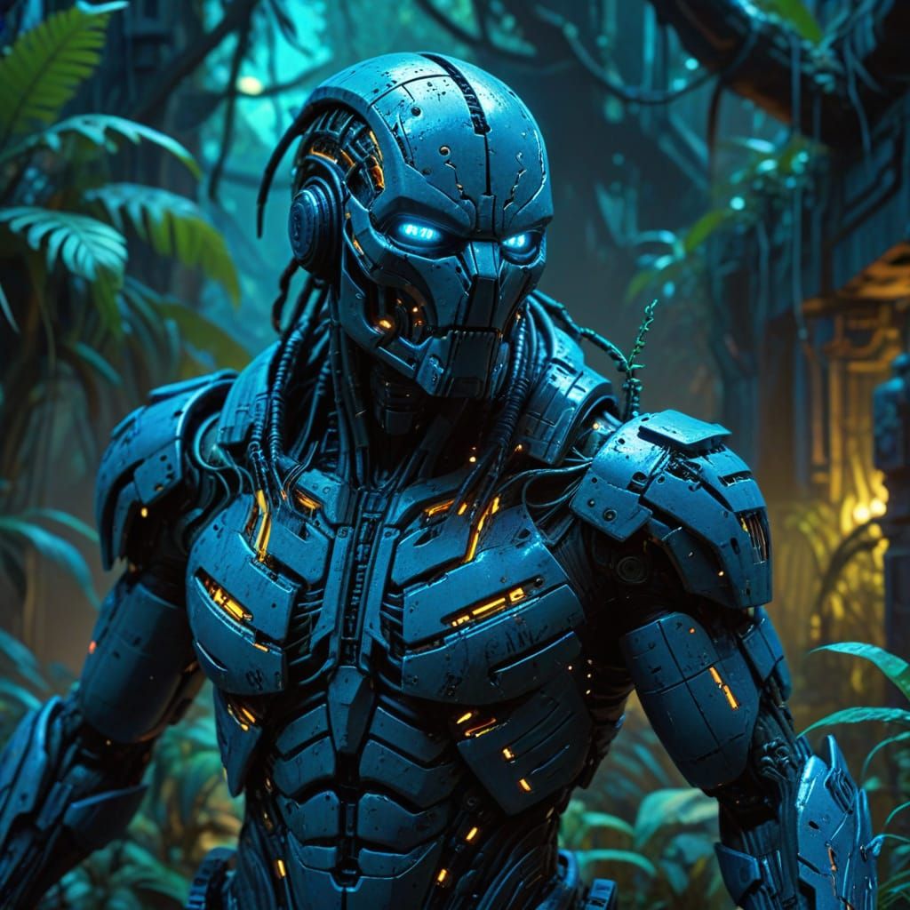 Cyberpunk Explorer in Neon Jungle Ruins